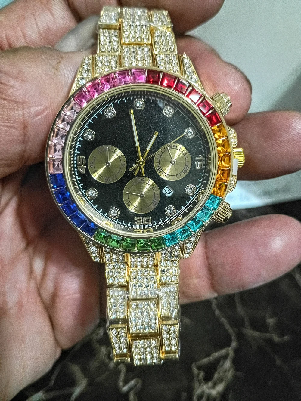 Brand New Gold Crystal Rainbow Bezel Luxury Chronograph Watch